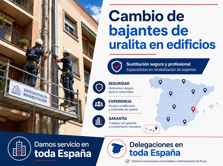 Cambio de bajantes de uralita, sustitución de canalones de fibrocemento y retirada segura de amianto en edificios España
